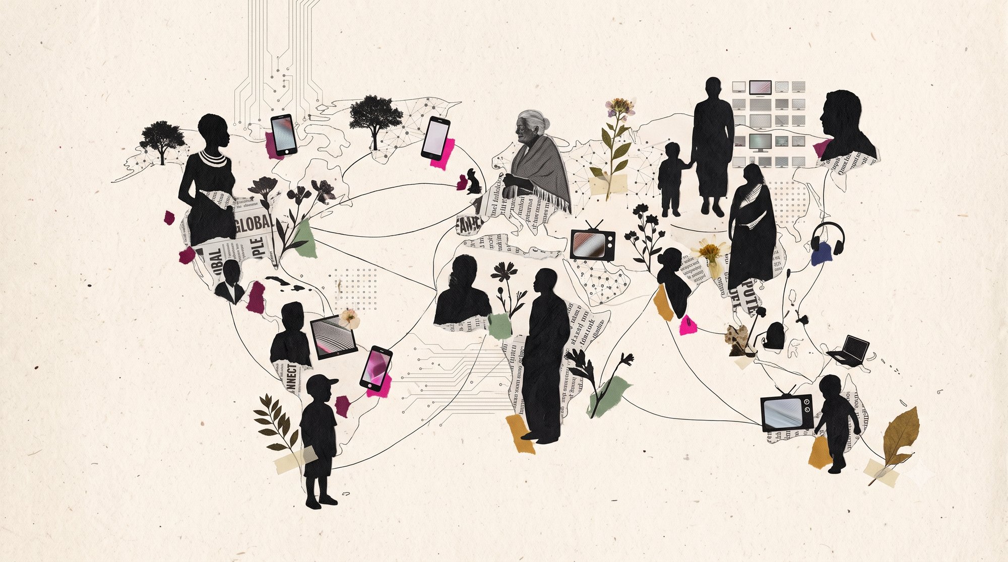 People from different cultures connected by thin lines, between technology and nature