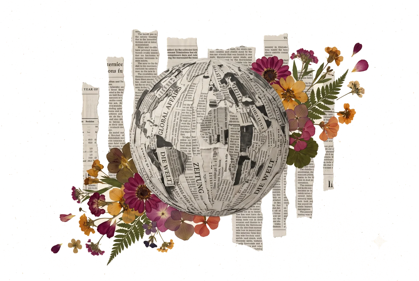 A globe made of newspaper clippings and pressed flowers