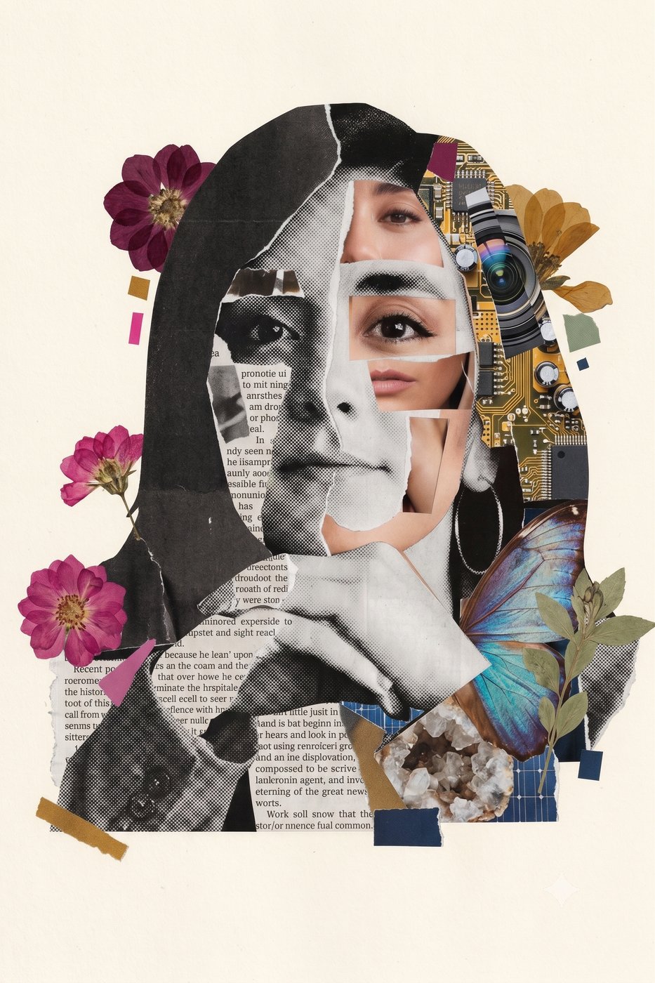 Portrait of Betty in a newspaper and flower collage