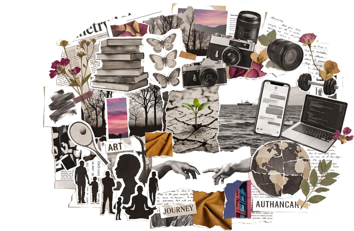Collage of the themes Betty works on: books, cameras, a seedling in cracked earth, the sea, a globe, technology, human silhouettes, flowers
